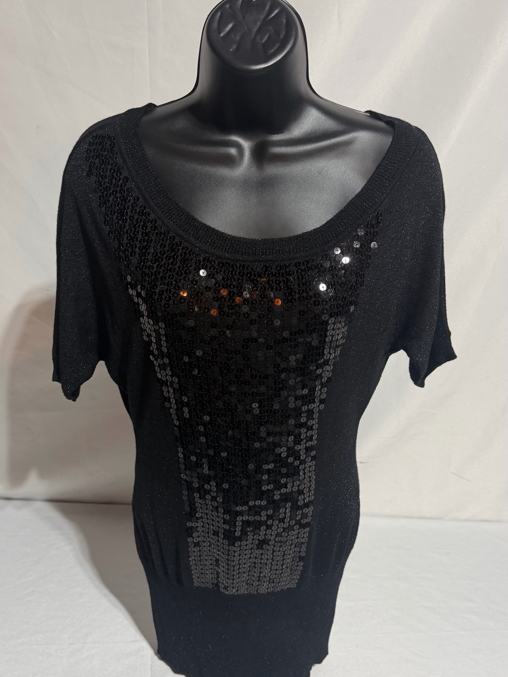 DEB Vintage Y2K Black Sequin Knit Tunic Short Sleeve Top Blouse Shimmer Small